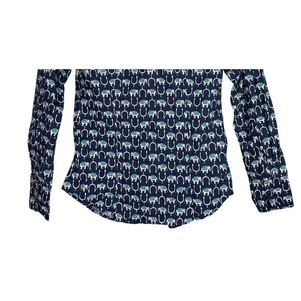 J. Crew Long Sleeve Perfect Fit Novelty Print Elephants Shirt 00 Navy Blue White