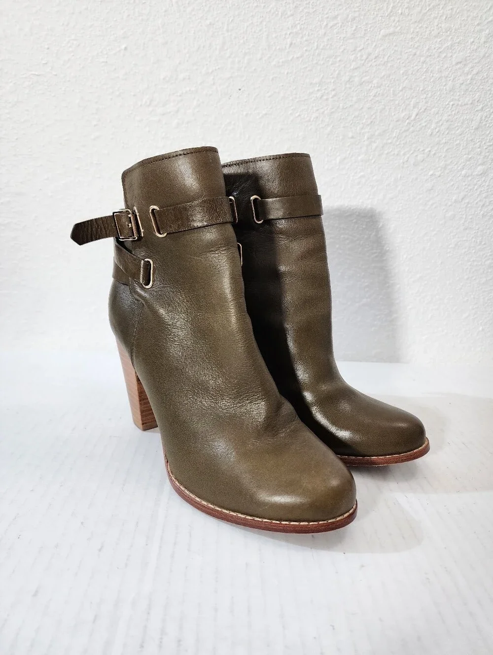 Joie Easton Women Olive Leather Buckle Boho Ankle  Boots Block Heel Rustic 38.5