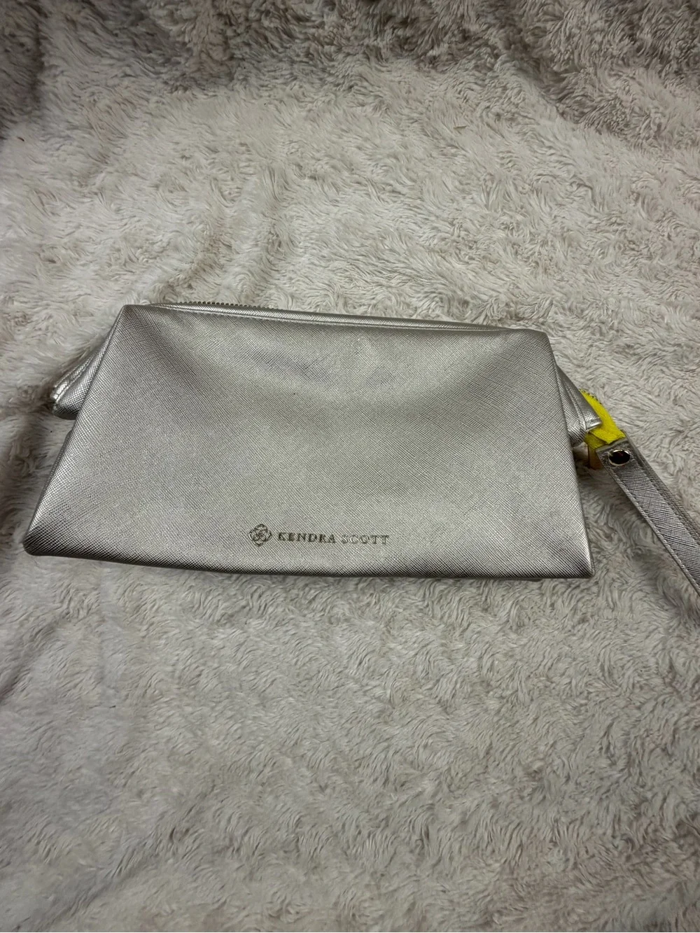 Kendra Scott Metallic Silver Cosmetic Wristlet with Yellow Tab Accent