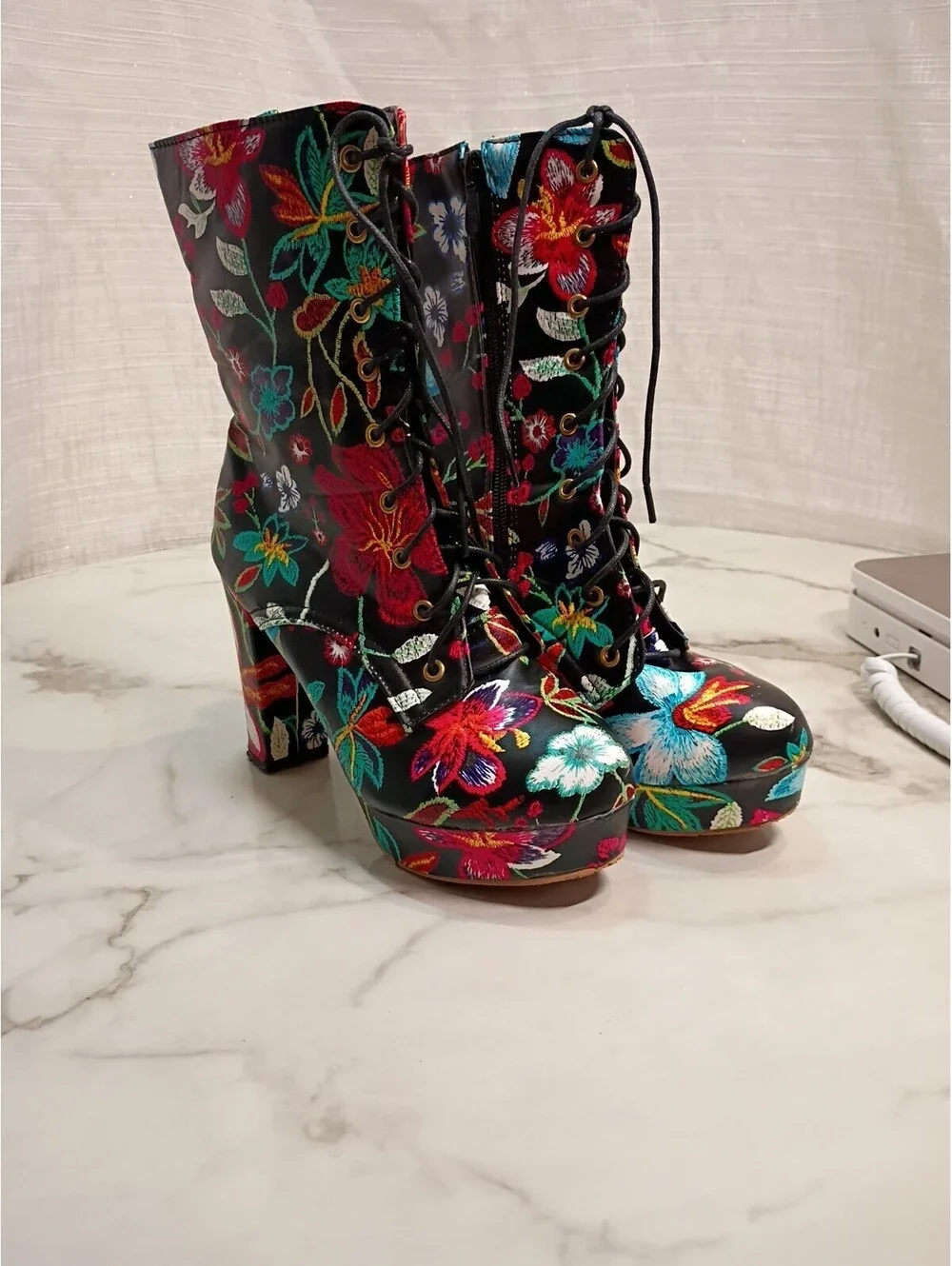 Womens Faux Leather Lace Up Platform Block Heels Embroidery Floral Ankle Boots