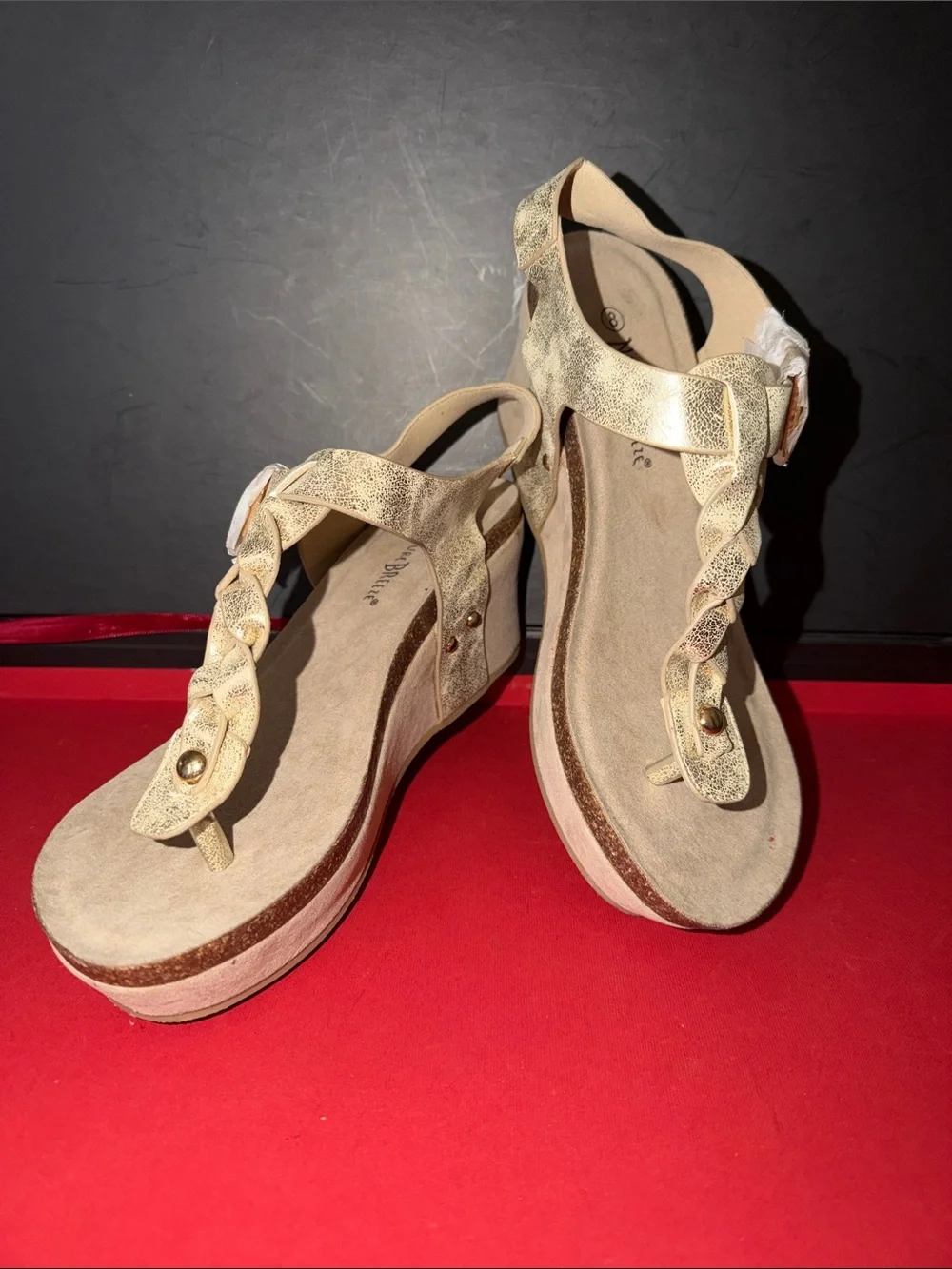 Natural Breeze NWOB Gold Braided T-Strap Wedge Sandals