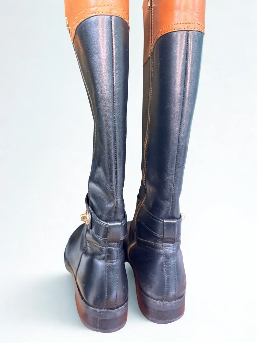 Coach Eva Mat Calf Two Tone Leather Riding Boots Black Saddle Brown 8.5 w/ box