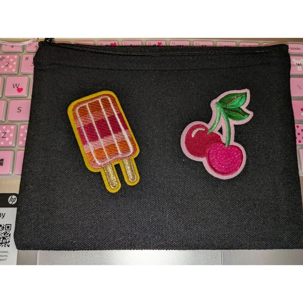 Black Canvas Zipper Pouch with Popsicle and Cherry Embroidered Patches Organizer