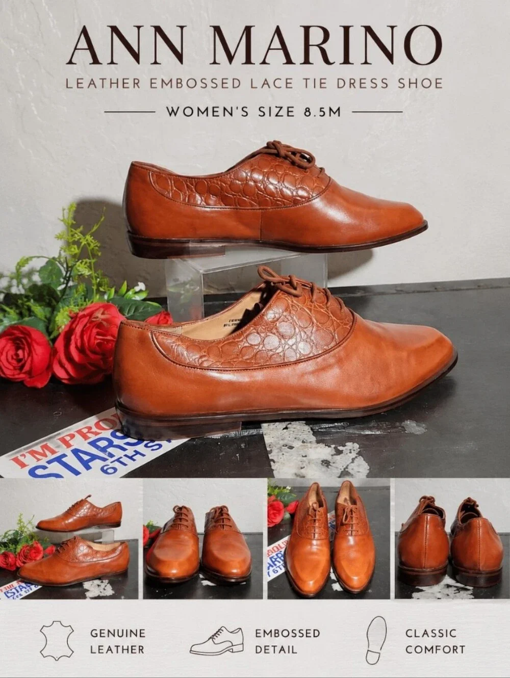 ANN MARINO Leather Embossed Women's Lace Tie Dress Shoe 8.5M