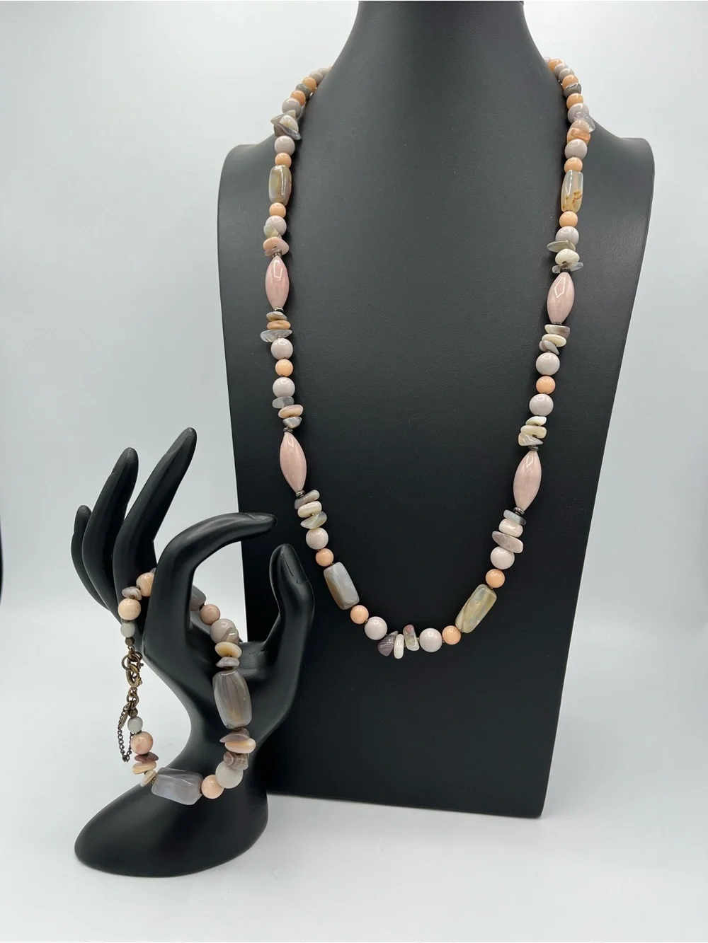 Vintage Miriam Haskell 1960s Gray Shell‑Pink Glass Stone Necklace Bracelet Set