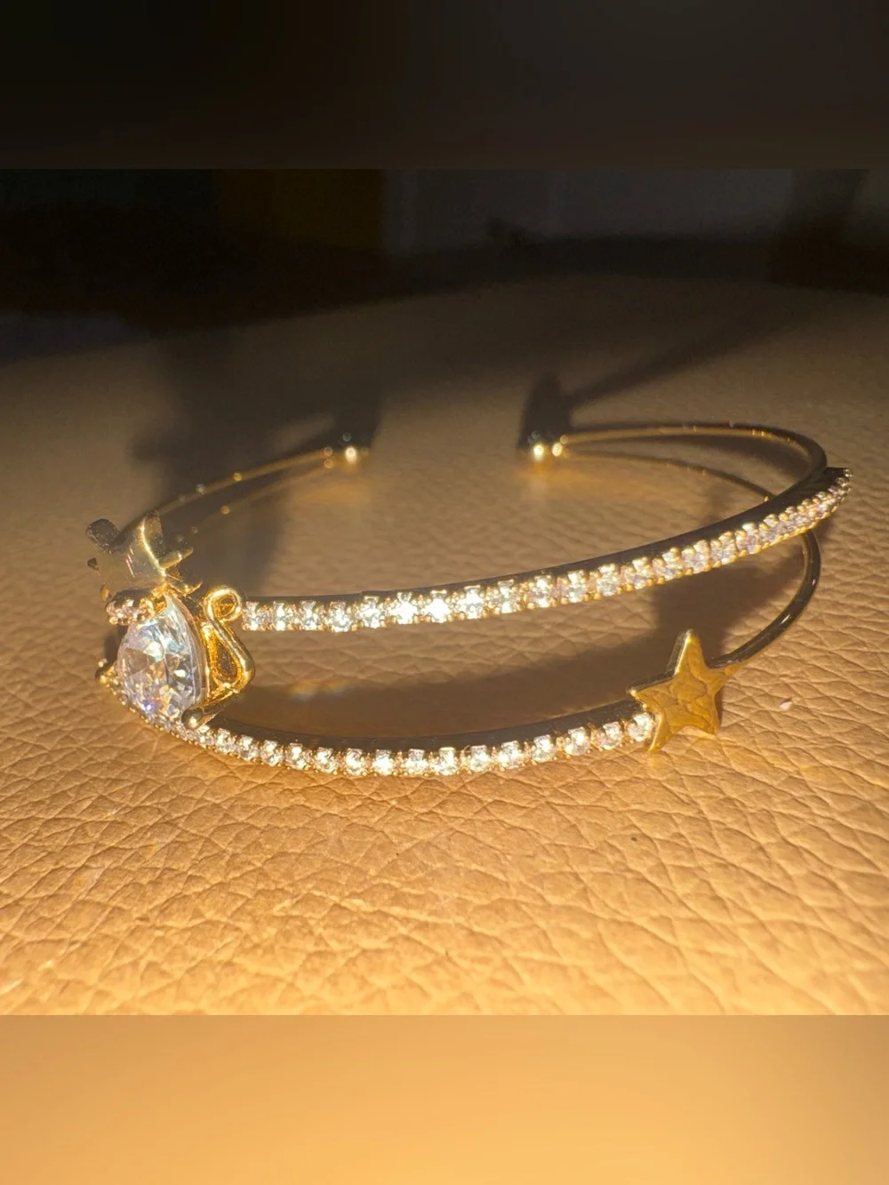 Kids Gold Star and Cat Crystal Cuff Bracelet - Sparkling Gold Tone