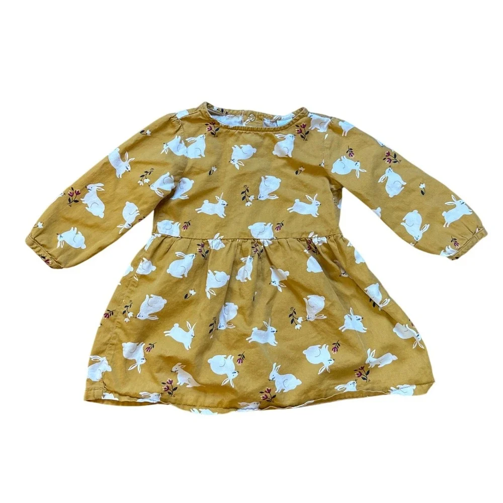 Carters Bunny Print Dress Kids‎ Mustard Yellow Long Sleeve SIZE 18m