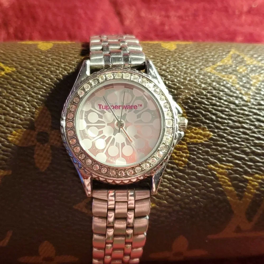 Tupperware Women's Watch Silver & Crystals Logo Face‎ New Battery