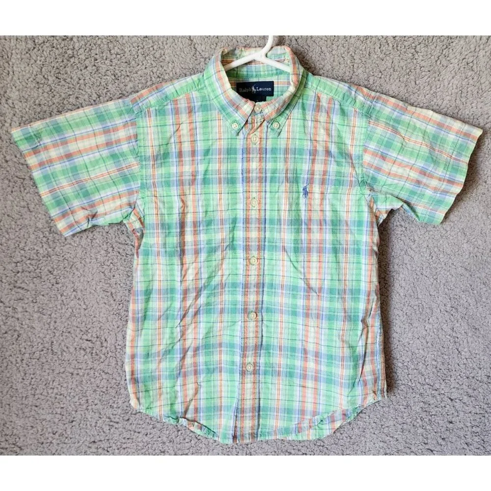 Ralph Lauren Green Plaid Short Sleeve‎ Button Down Pony Logo Shirt Youth Size 7