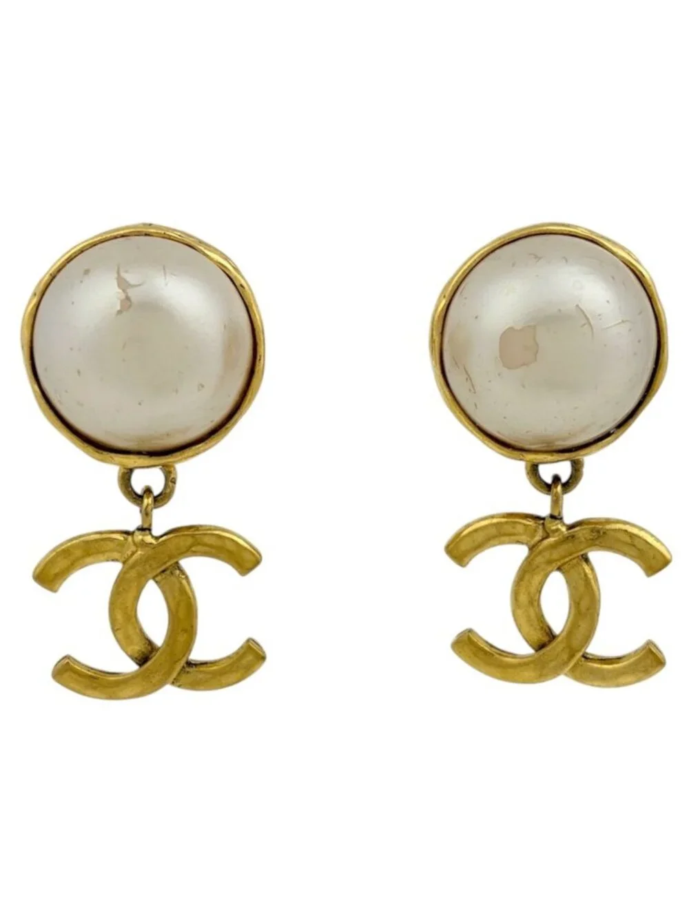 Chanel Earrings CC Logo Swing Faux Pearl Gold