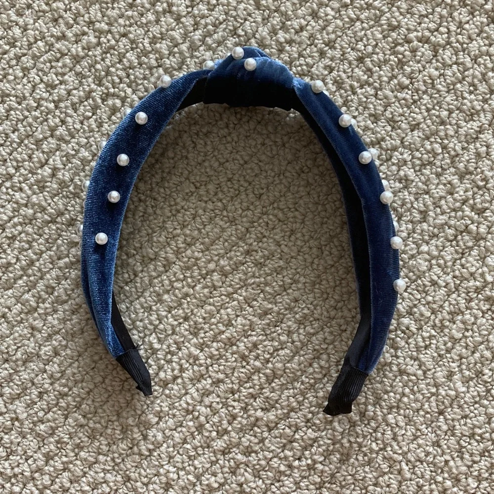 Blue Velvet Headband with Faux Pearls