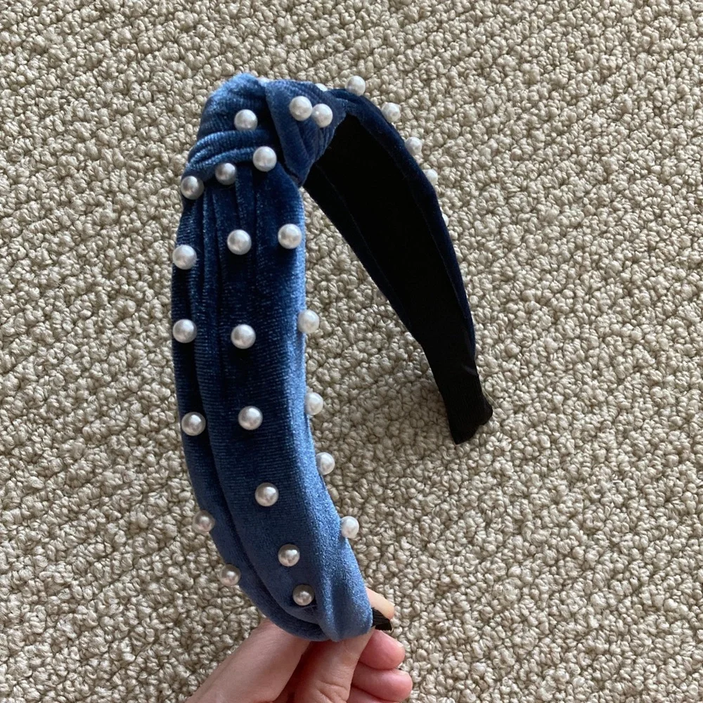 Blue Velvet Headband with Faux Pearls