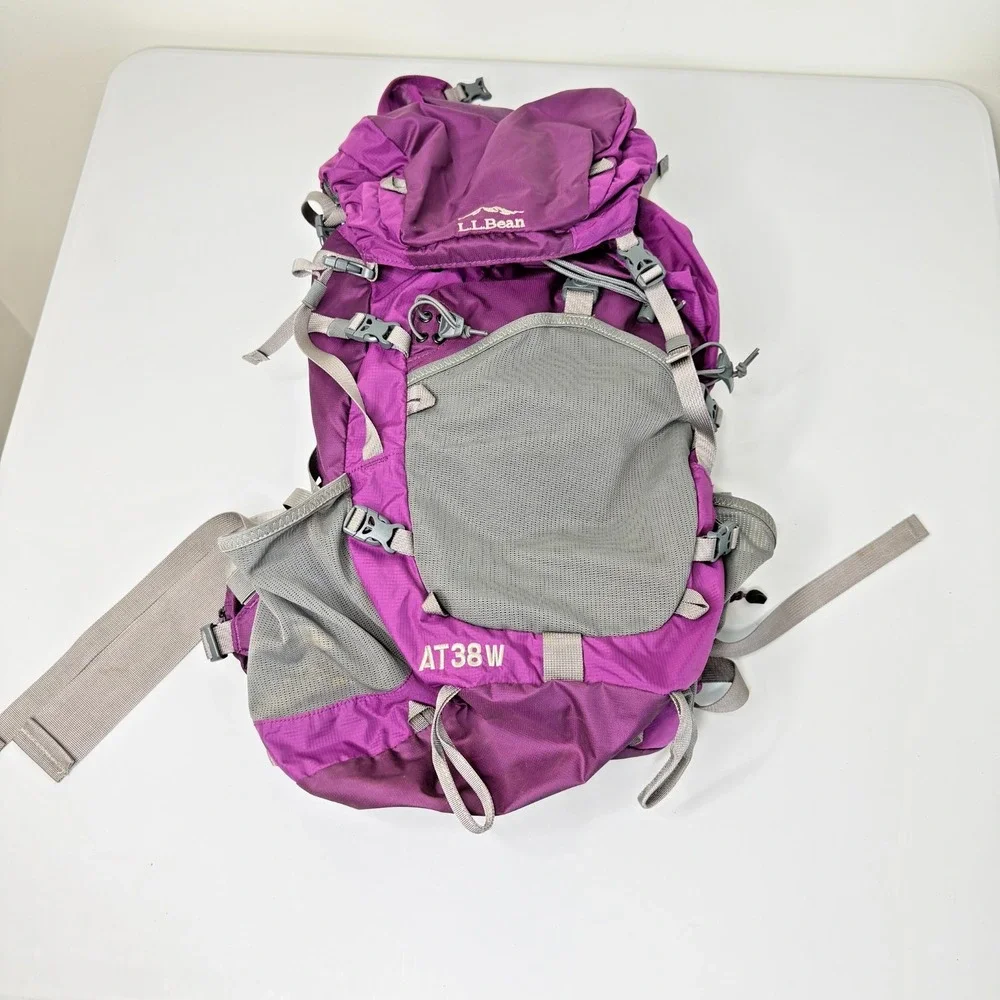 L.L. Bean AT38W Purple Gray Zip Pocket Adjustable Strap Hiking Backpack Bag