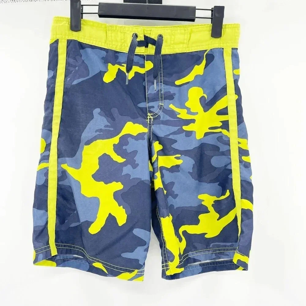 Old Navy Kids Boy's Board Shorts Size L Blue Neon‎ Green Swim Drawstring Camo
