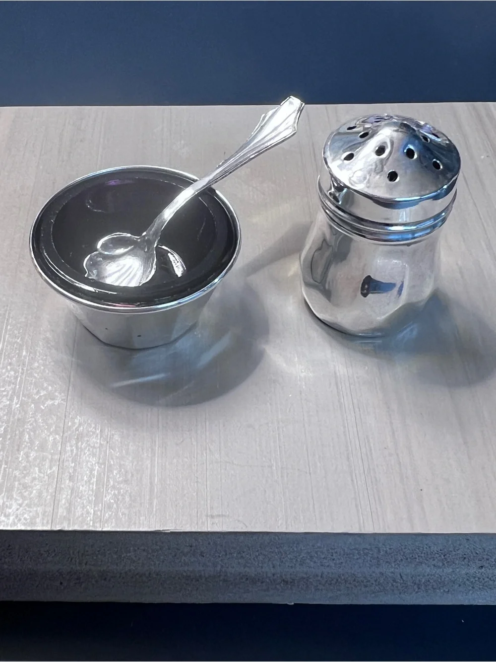 Vintage Sterling Silver Salt Cellar with Amethyst Glass , Shell Spoon & Shaker