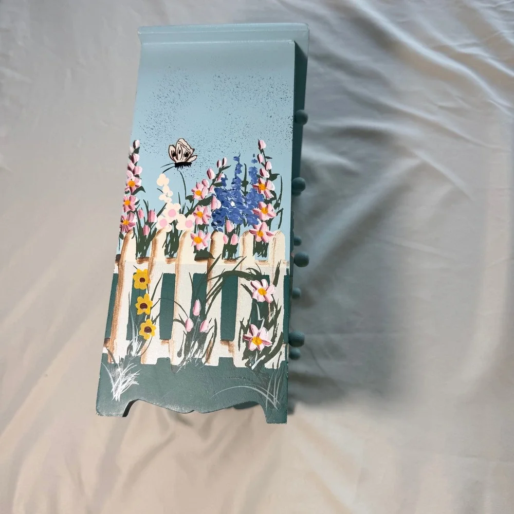 Hand Painted Wooden Jewelry Chest 4 Drawer Floral Garden Picket Fence Blue Box