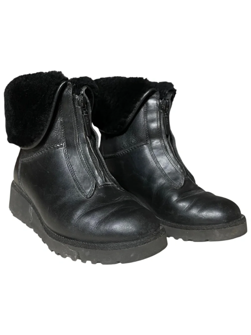 UGG Leather Shearling Boots 4 Foldover F20016E Black 10124 Winter Ankle Bootie