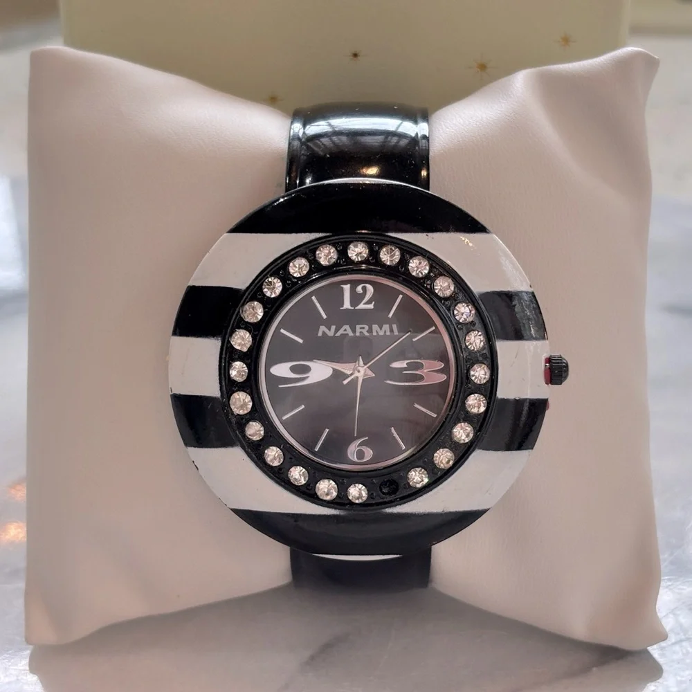 Narmi Cuff Bracelet‎ Black and White Striped Watch with Crystal Accents
