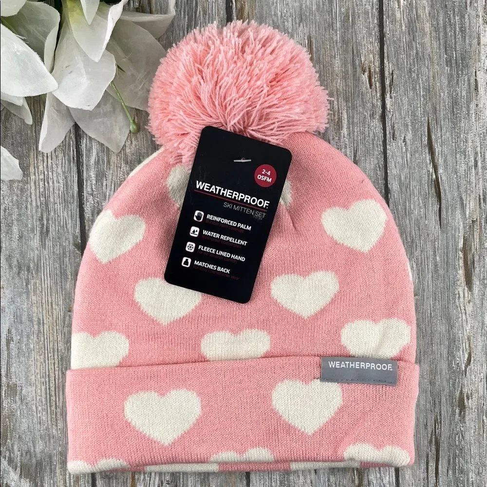 Baby Toddler Weatherproof Pink and White Heart Kids Beanie