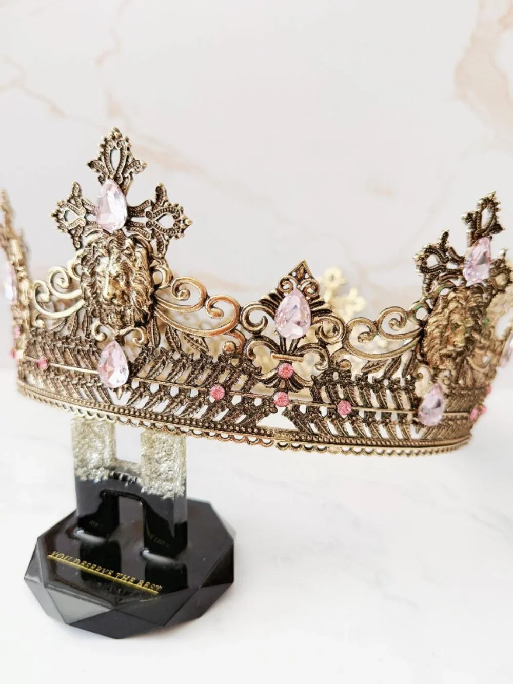 Vintage Style Gold Lion Crown with Pink Crystals, Royal King Queen Headpiece