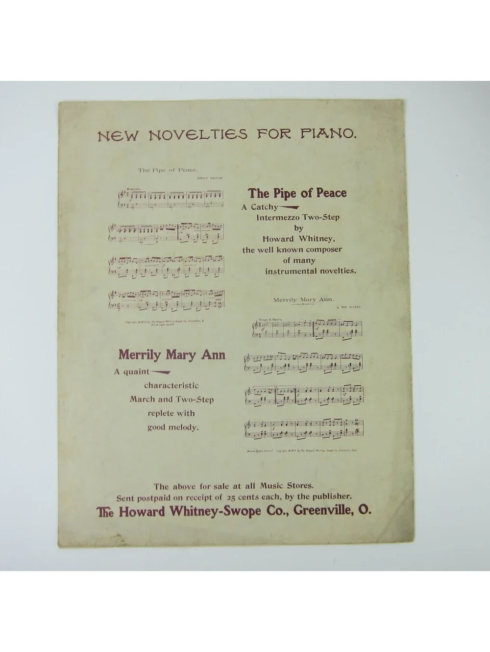 Sheet Music Admiration Howard Whitney Swope Co Greenville Ohio Antique 1906 RARE