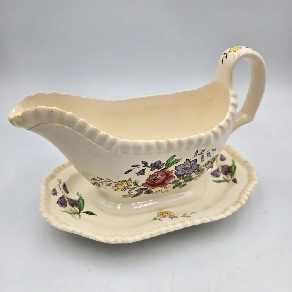 Vtg Copeland Spode Romney Floral Gadroon Shape Gravy Boat Attached‎ Underplate
