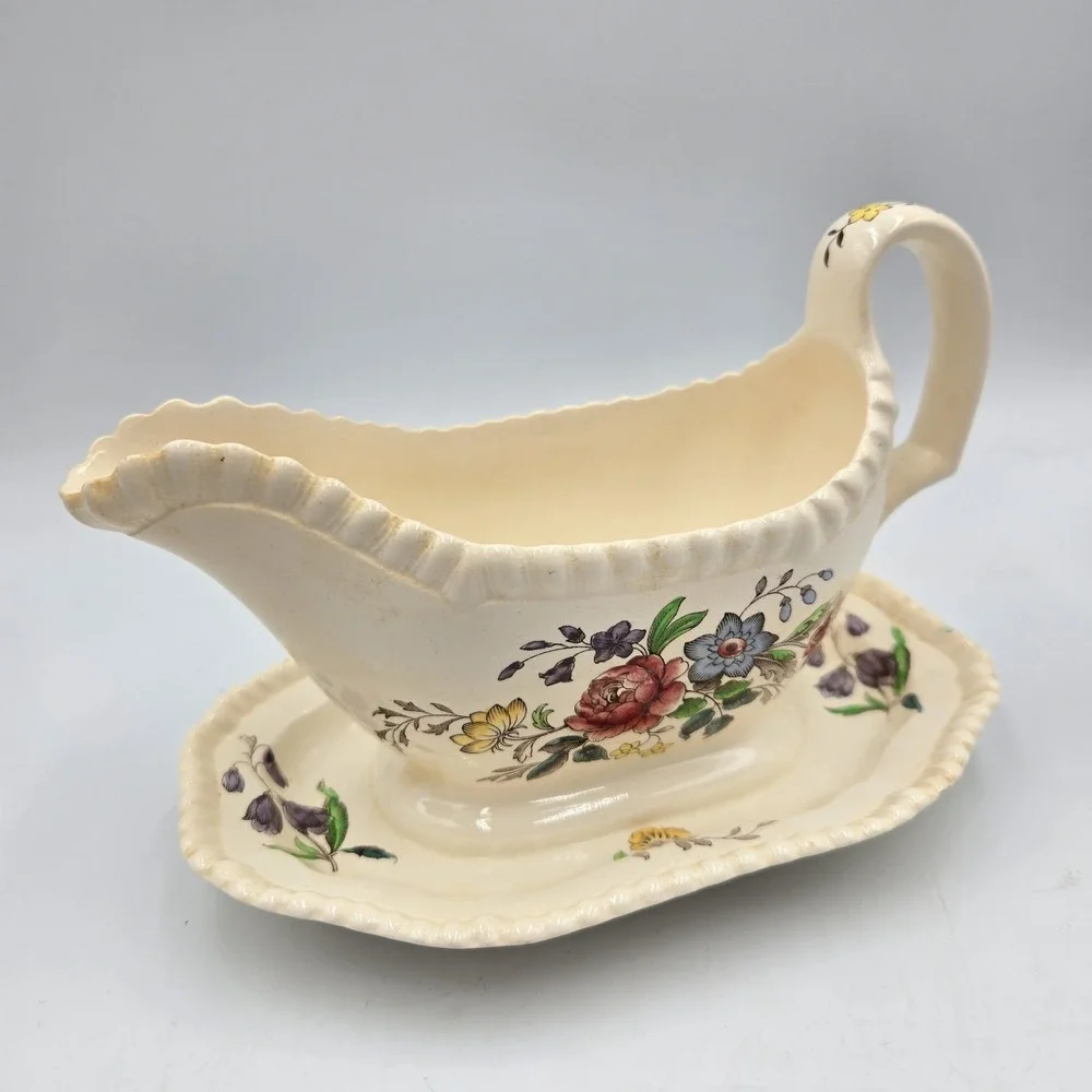 Vtg Copeland Spode Romney Floral Gadroon Shape Gravy Boat Attached‎ Underplate