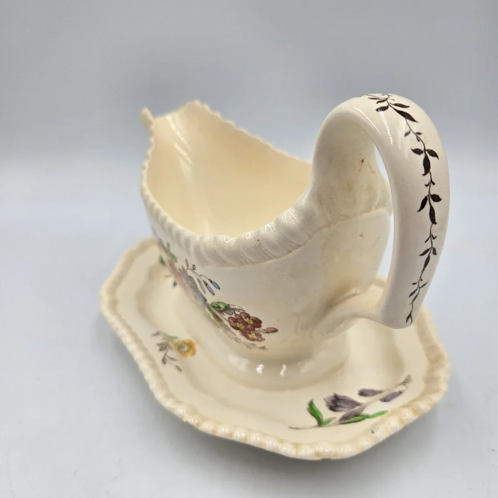 Vtg Copeland Spode Romney Floral Gadroon Shape Gravy Boat Attached‎ Underplate