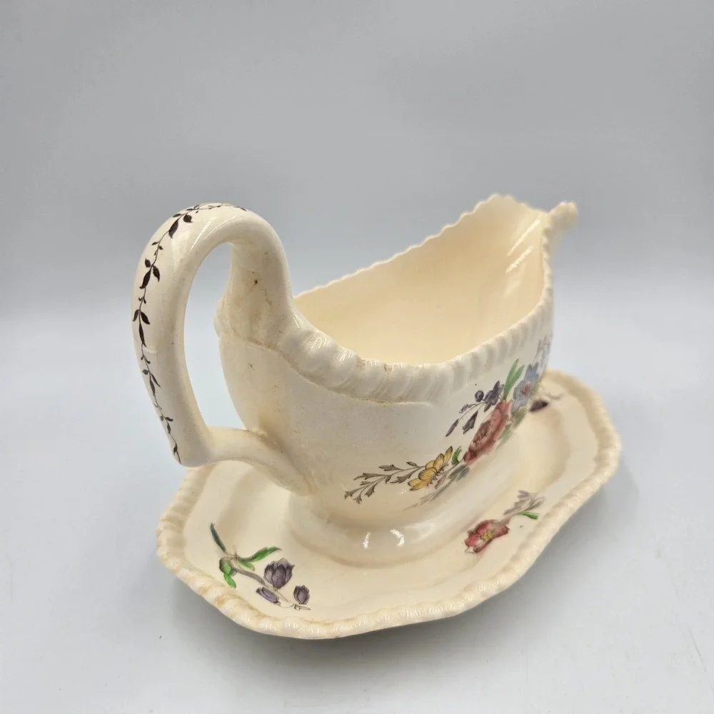 Vtg Copeland Spode Romney Floral Gadroon Shape Gravy Boat Attached‎ Underplate