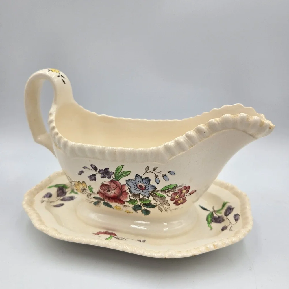 Vtg Copeland Spode Romney Floral Gadroon Shape Gravy Boat Attached‎ Underplate