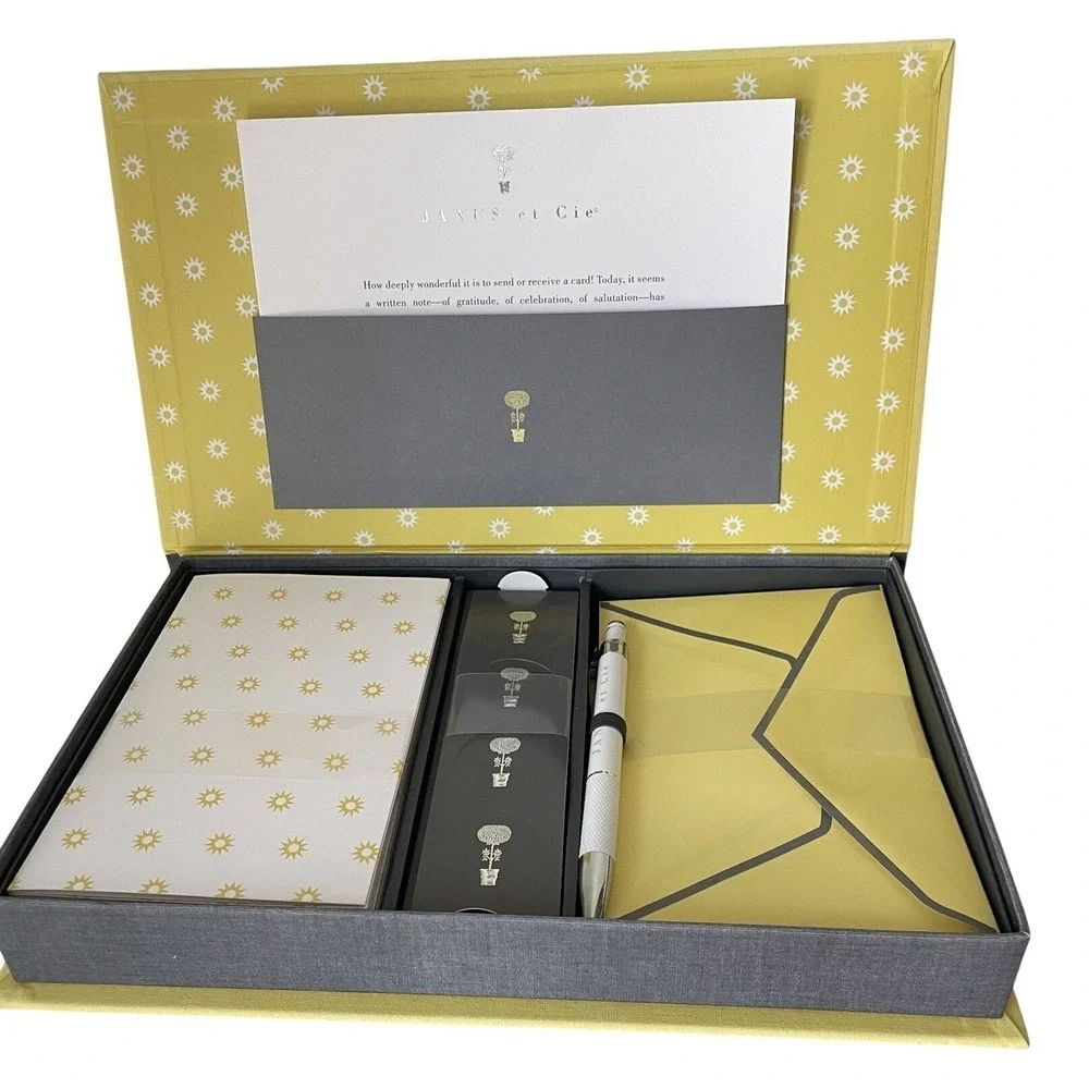 Janus et Cie Stationary Gift Set 25 Cards Envelopes‎ Pen Box Luxury