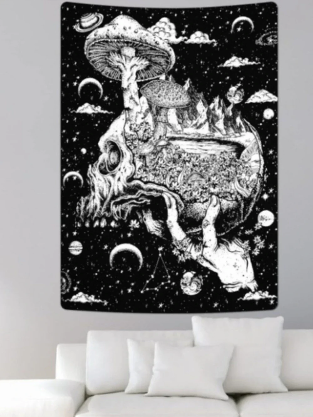 Hand Holding Skull Black White Mushroom Moon Dark Fantasy Goth Big Wall Tapestry