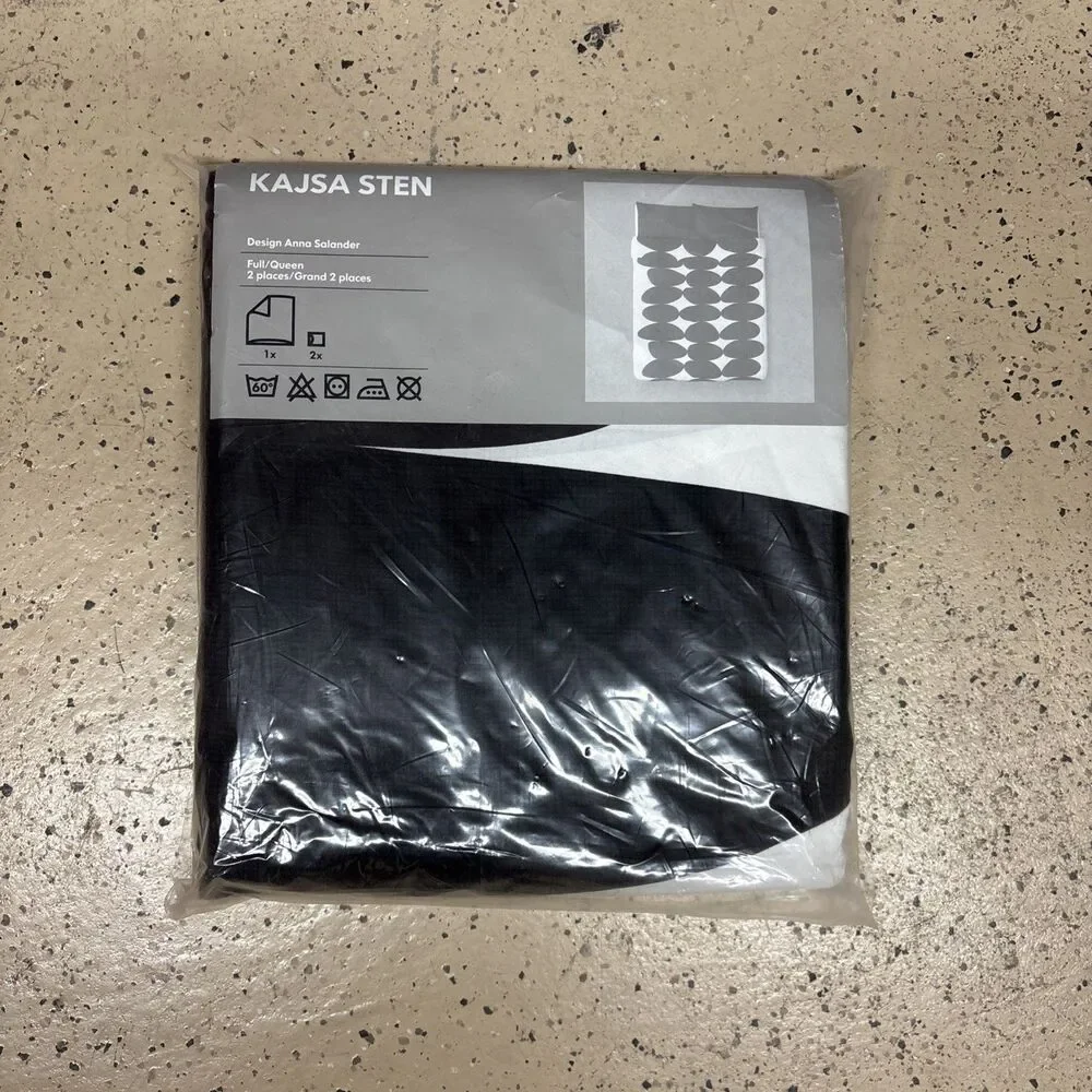 Vintage IKEA Kajsa Sten Full Queen Duvet Cover Set Black White Ovals New NIB