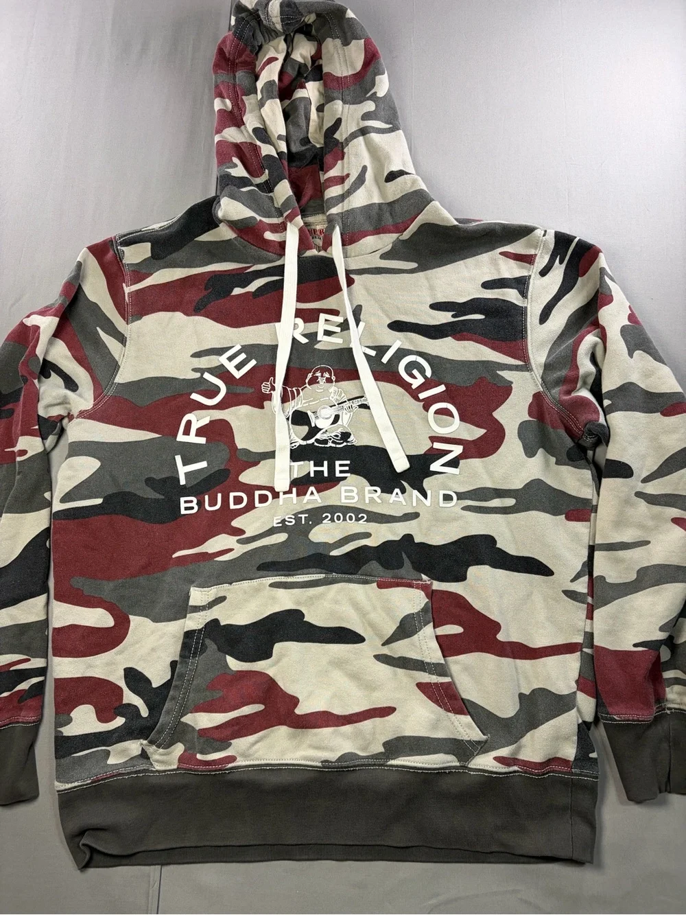 True Religion Camo Pullover Hoodie in Olive, Burgundy & Black