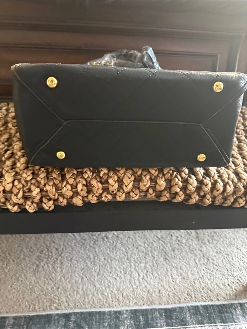 Black Quilted Top-Handle Satchel with Gold Hardware