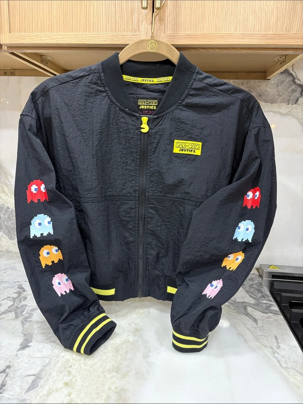 Justice Black Jacket with Yellow Pac-Man & Multicolor Ghosts