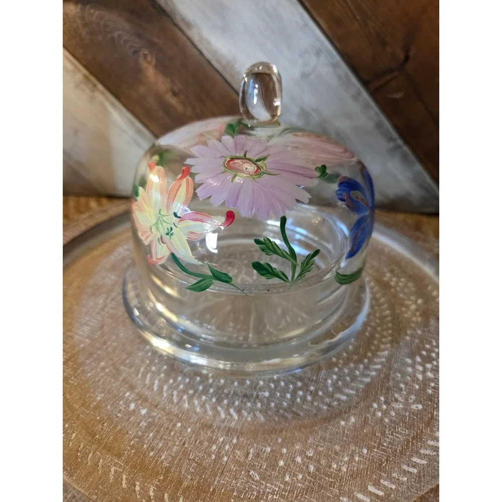 Hand Painted Floral Glass Butter Dish Domed Cloche Lid Clear 2 Piece Set Cottage