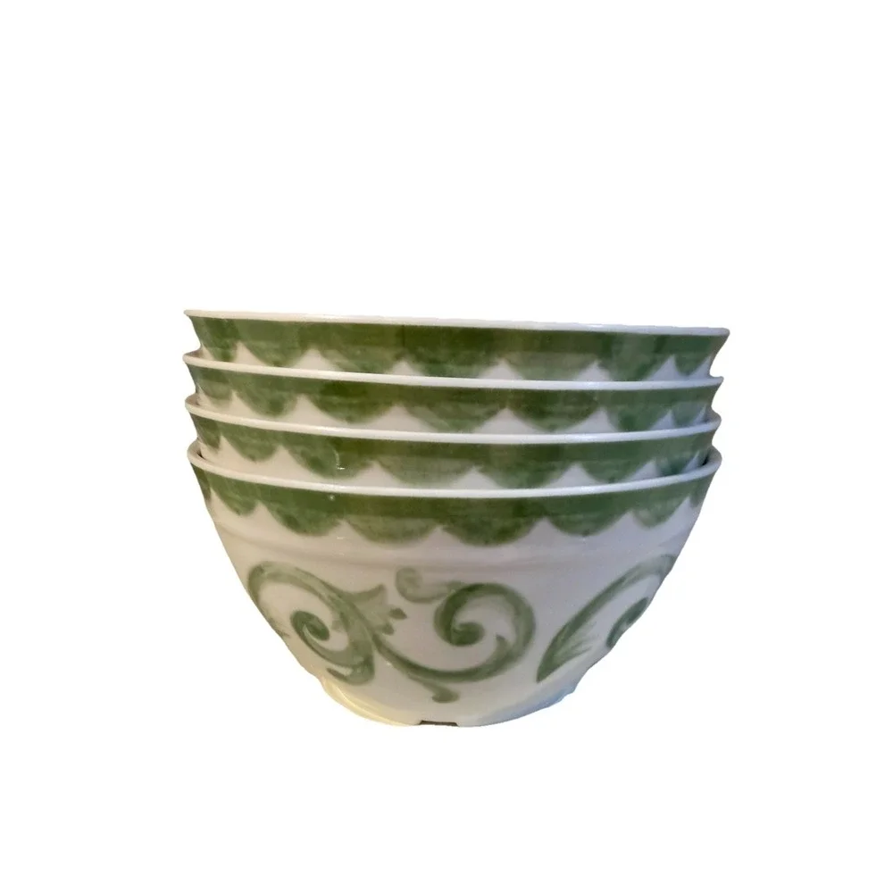 Set of 4 Artisan de Luxe GREEN ROSE SCROLL Melamine Cereal/Salad BOWL Set 6