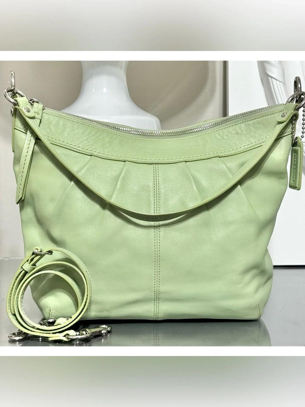 COACH Soho Pleated Hobo F13764 CELERY GREEN Leather Shoulder Crossbody‎ Bag
