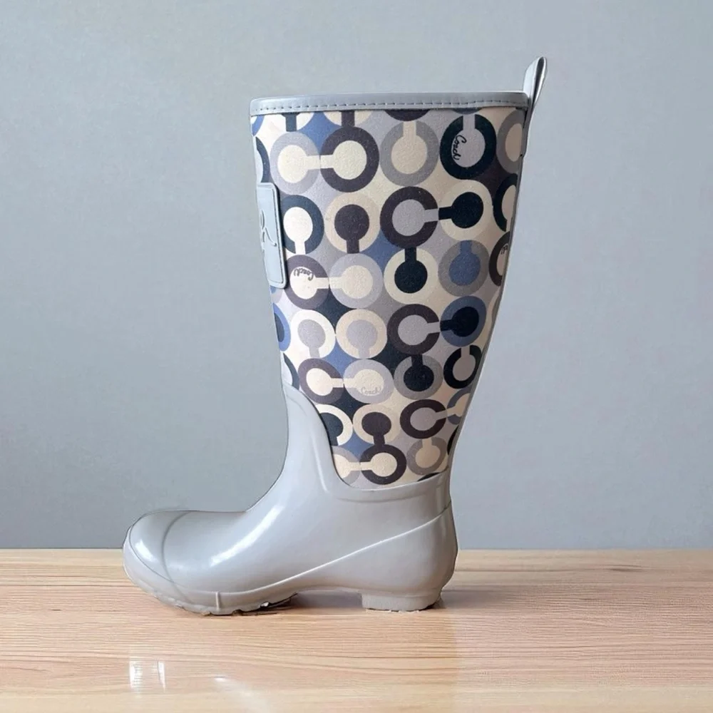 COACH Boots Women’s “Signature C” Tall Rain Boot Gray Blue Cream Pearl Size 7B