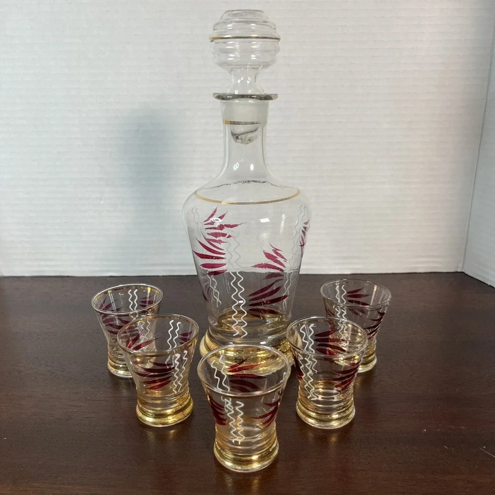 Vintage Venetian Art Deco Decanter Set 5 Shot Glasses MCM Red Gold Clear Barware