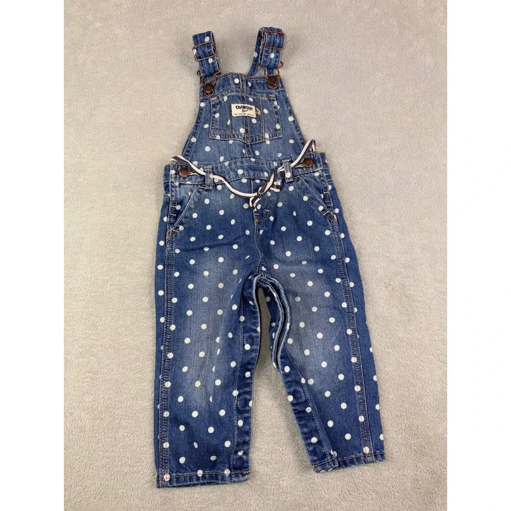 OshKosh‎ B'gosh Baby Girls Denim Polka Dot Overalls Size 18 Months