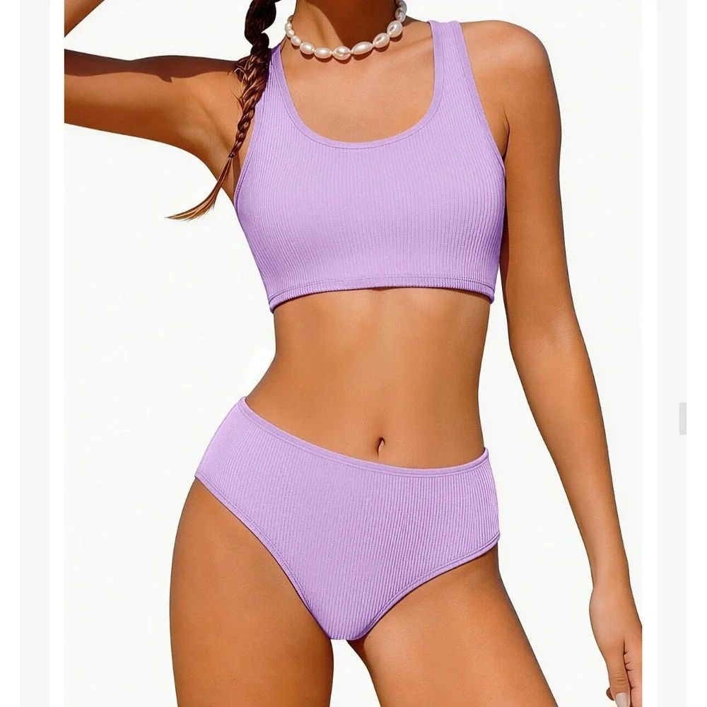 Lavender Purple Ribbed High Waisted Two Piece Bikini Set‎ Girls Size 13-14Y