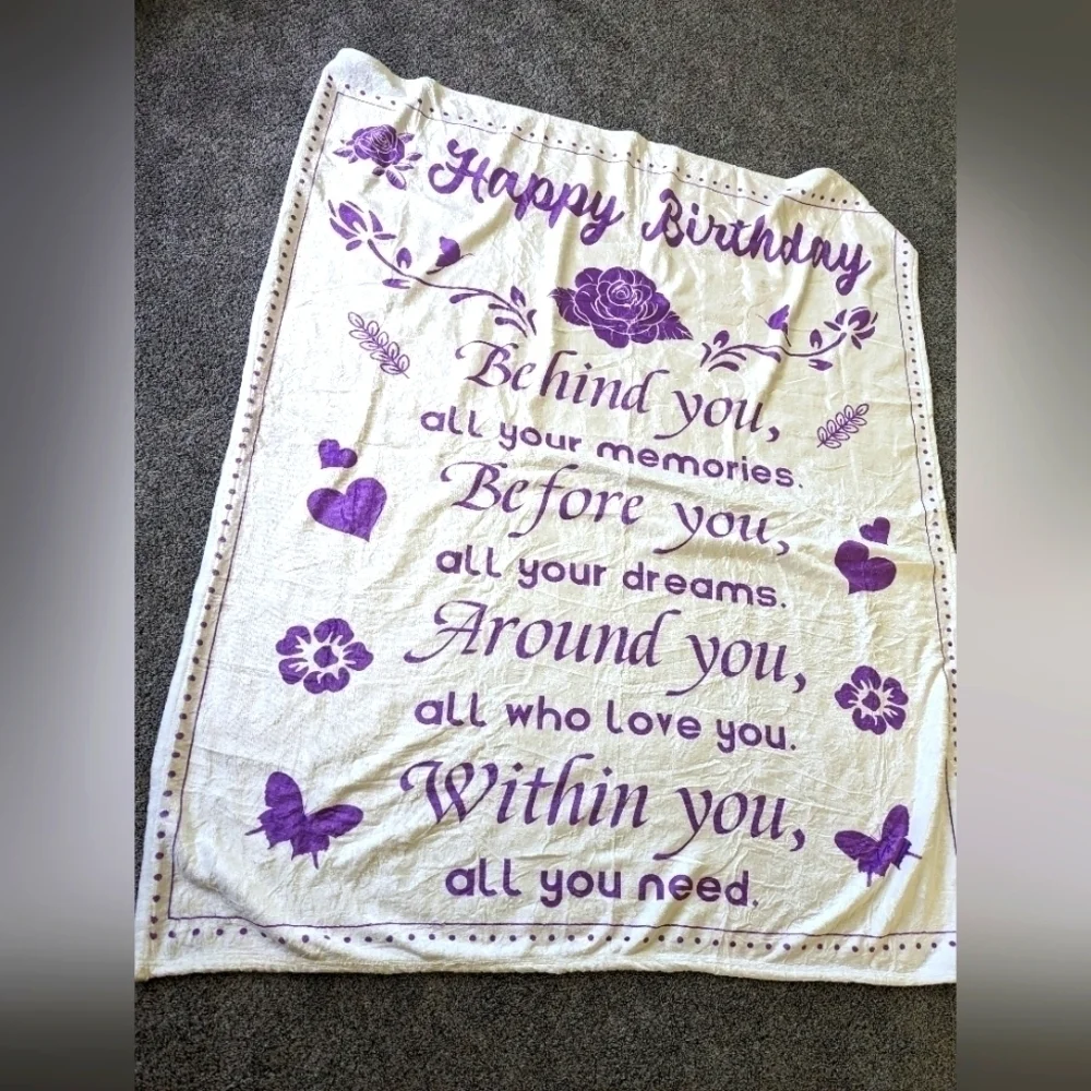 NWOT White/ Purple Soft Birthday Blanket
