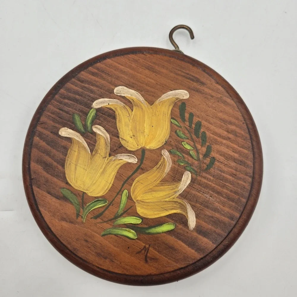 VTG‎ Tole Hand Painted Grannycore Wooden Wall Decor Hanging Yellow Flower Art