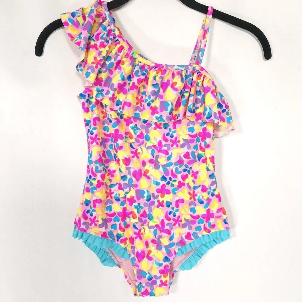 RuffleButts Girls 7 Vibrant Floral Neon One‎ shoulder Swimsuit Ruffles UPF 50+