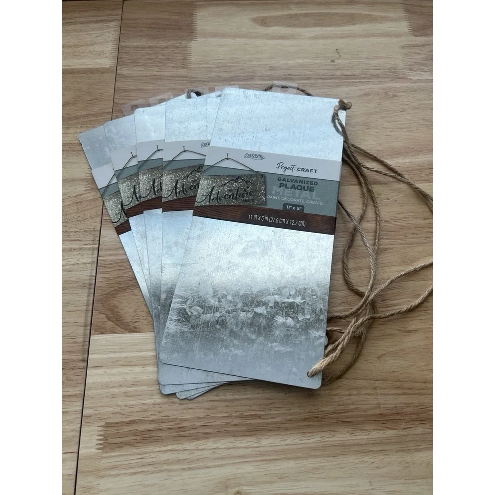 Set Of 5 Galvanized Metal Plaque With Twine For Crafts, Blank Sign, 11