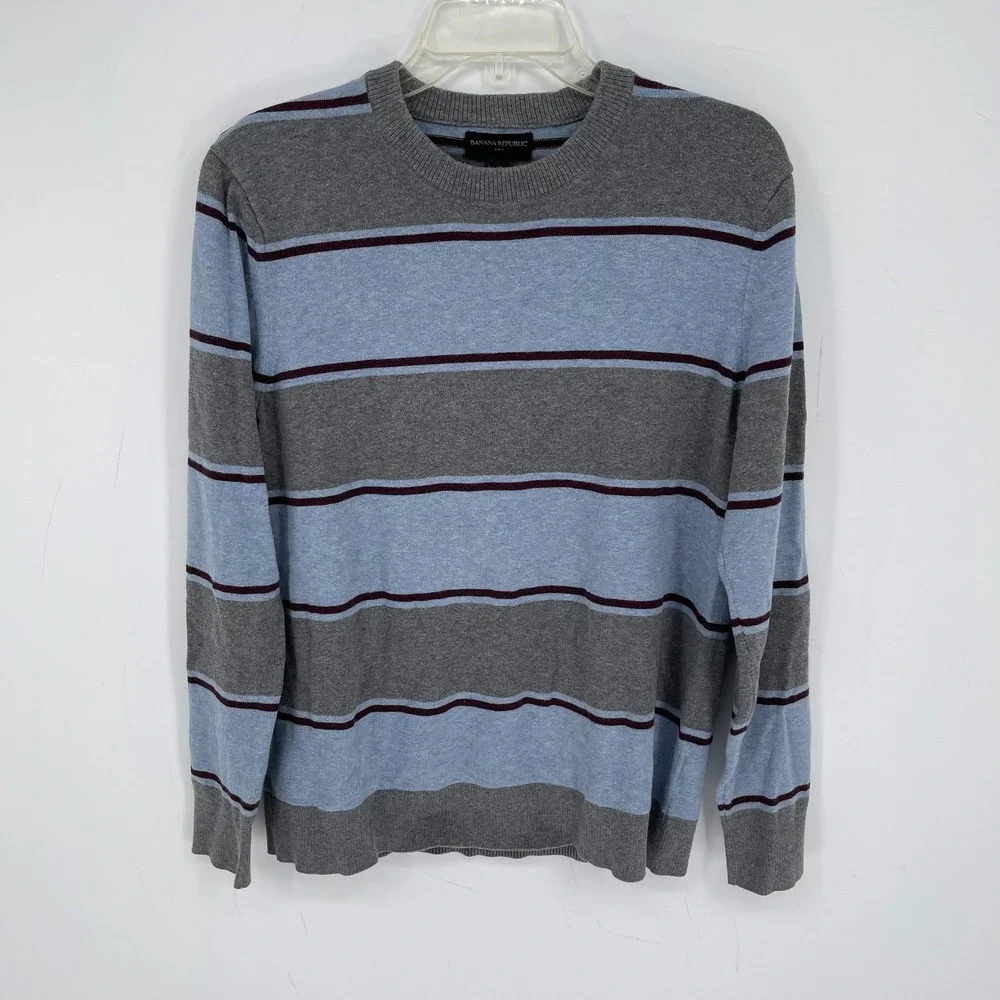 Banana Republic Men's Gray Blue Striped Long Sleeve Crewneck Sweater Top Size M
