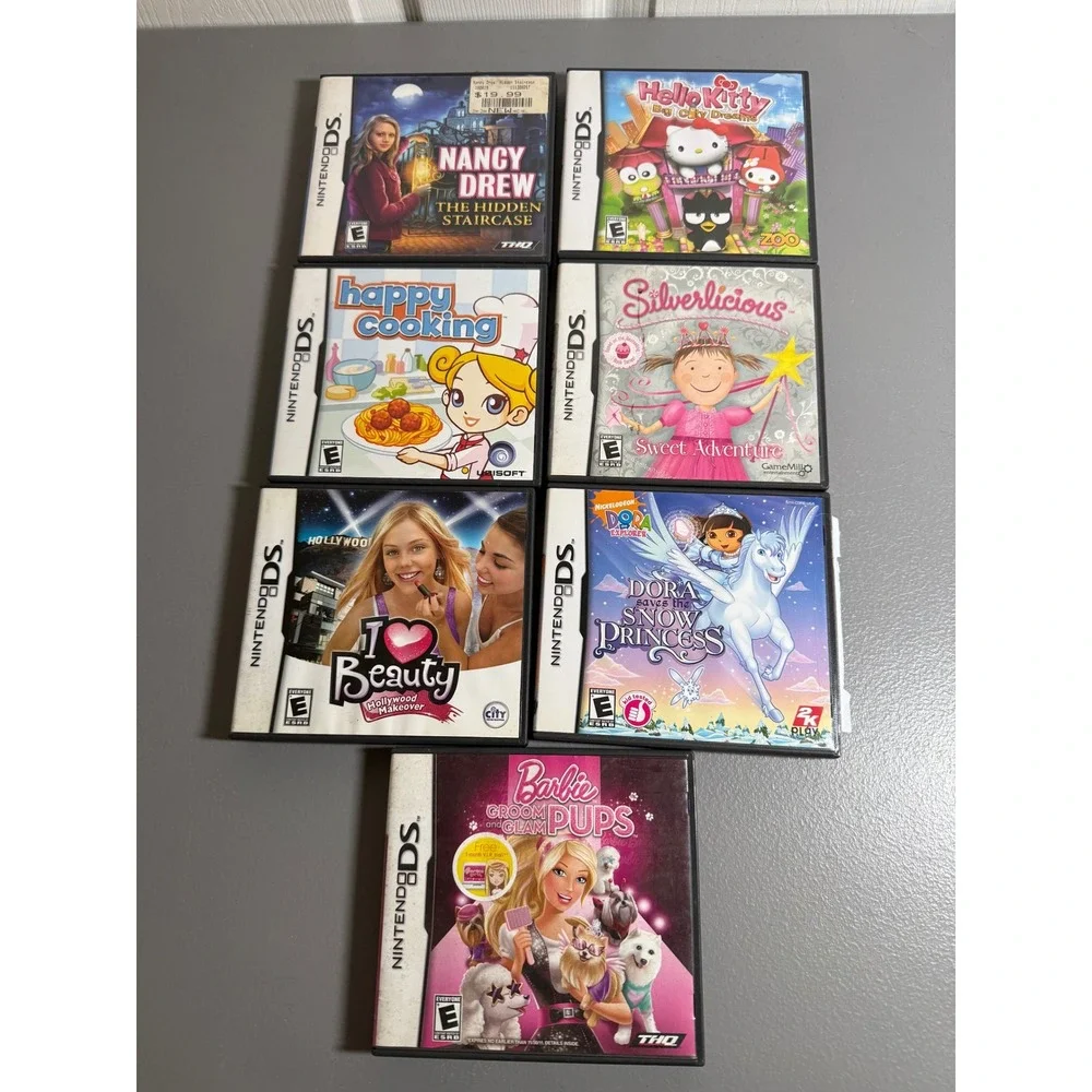 Nintendo DS Game Lot 7 Barbie Dora Hello Kitty Nancy Drew Silverlicious Manuals