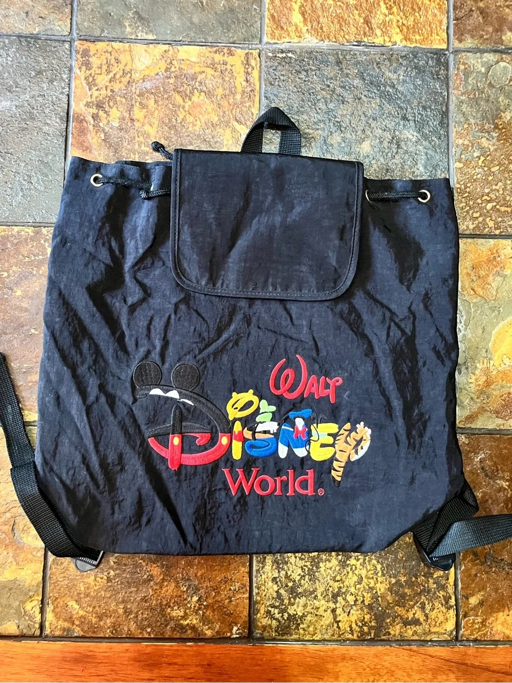 Vintage Disney Black Drawstring Backpack with Embroidery